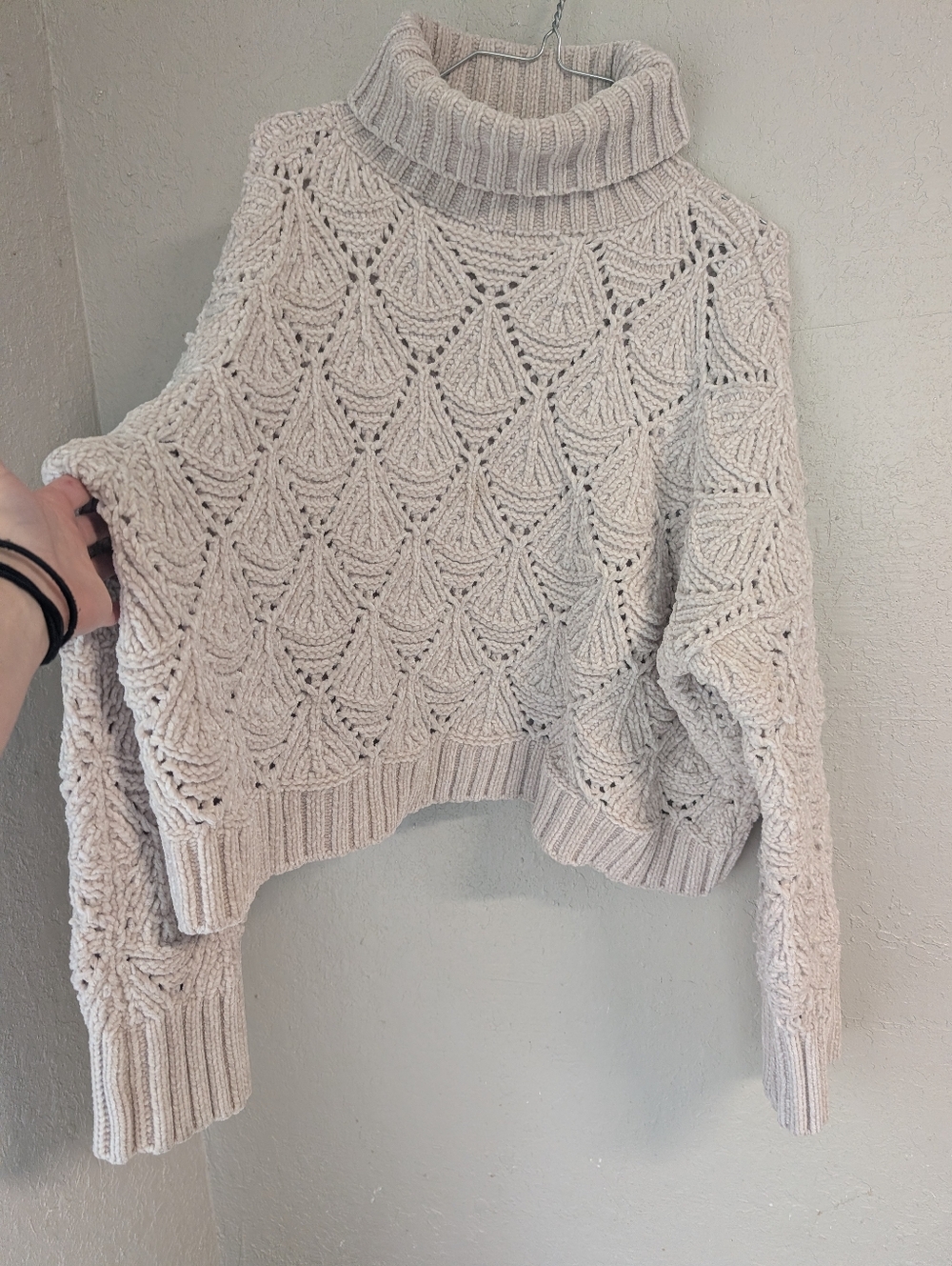 Turtleneck Cable Knit Sweater S Cream Cottagecore Fisherman Lagenlook Open Weave - Picture 11 of 11